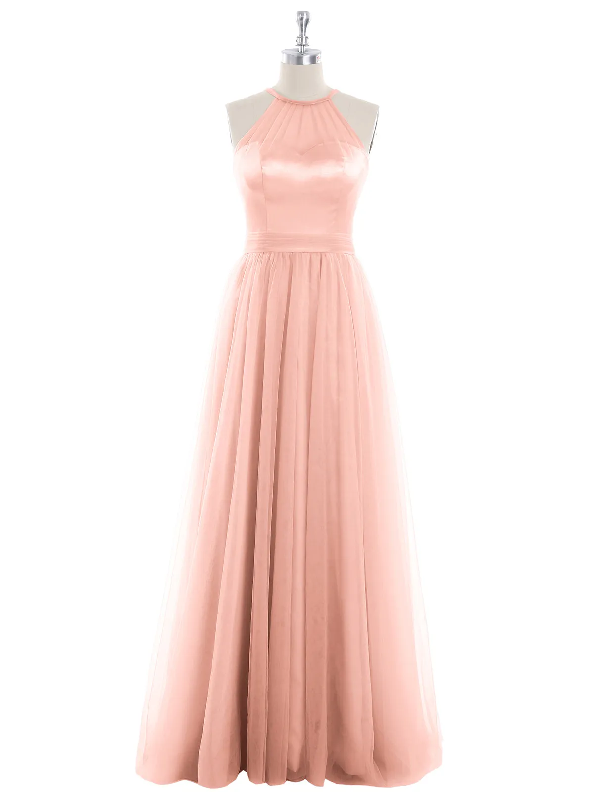 Illusion Neckline Long Tulle Dress-Coral