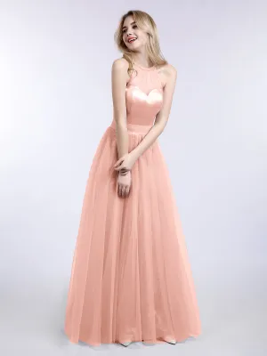 Illusion Neckline Long Tulle Dress-Coral