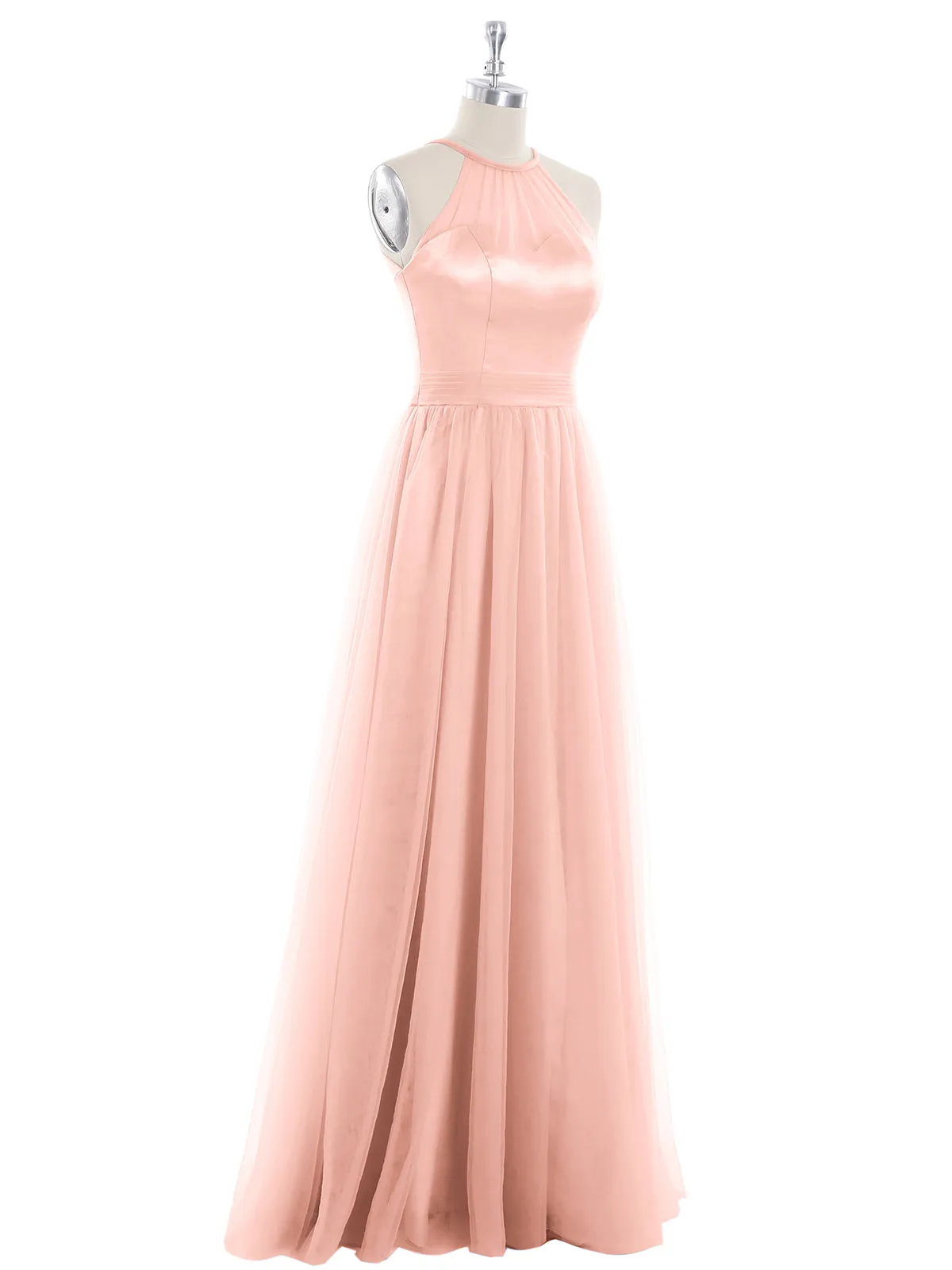 Illusion Neckline Long Tulle Dress-Coral