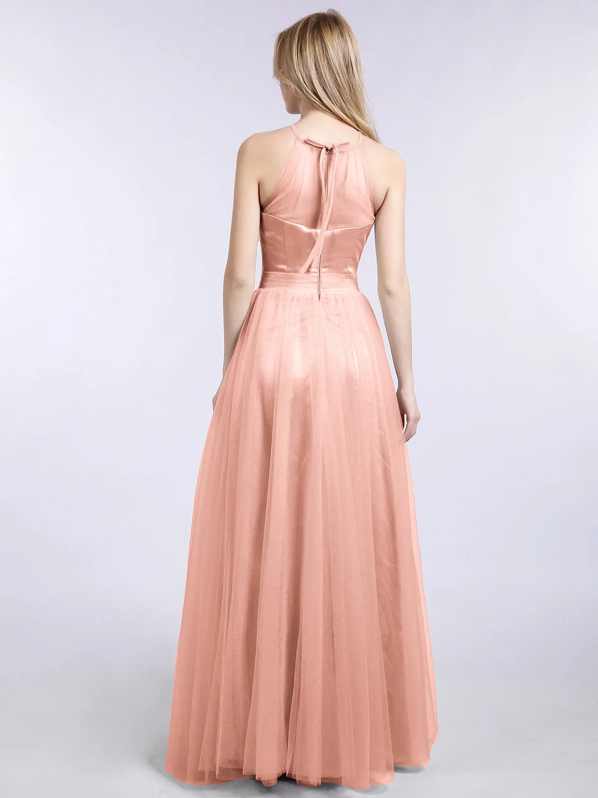 Illusion Neckline Long Tulle Dress-Coral