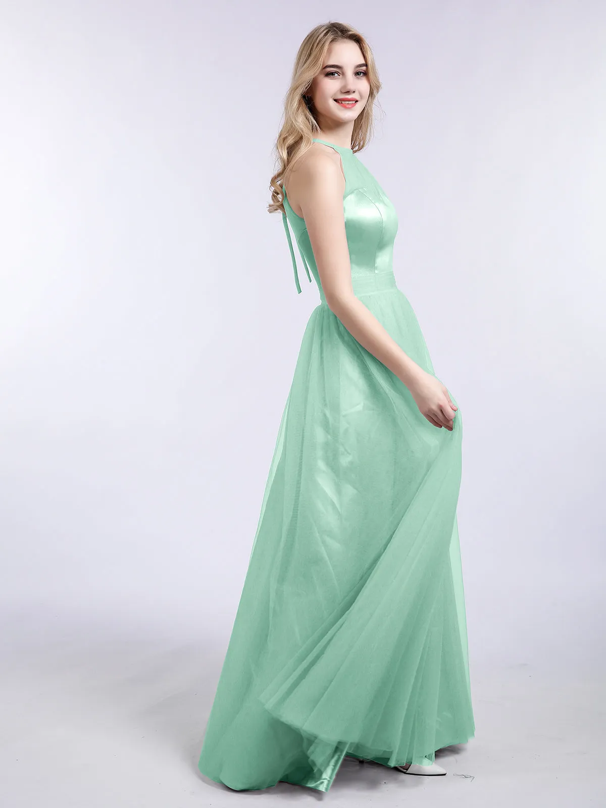 Illusion Neckline Long Tulle Dress-Mint Green Plus Size