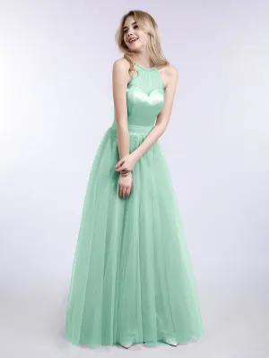 Illusion Neckline Long Tulle Dress-Mint Green Plus Size