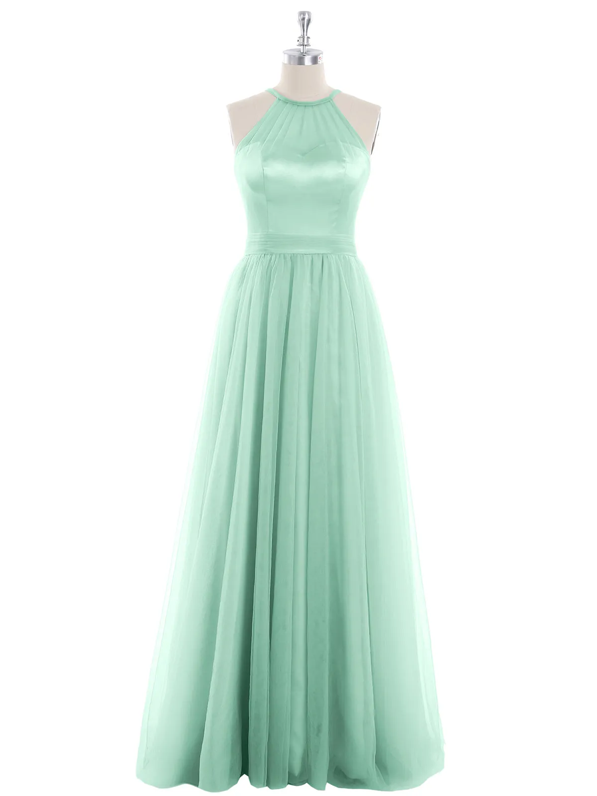 Illusion Neckline Long Tulle Dress-Mint Green Plus Size