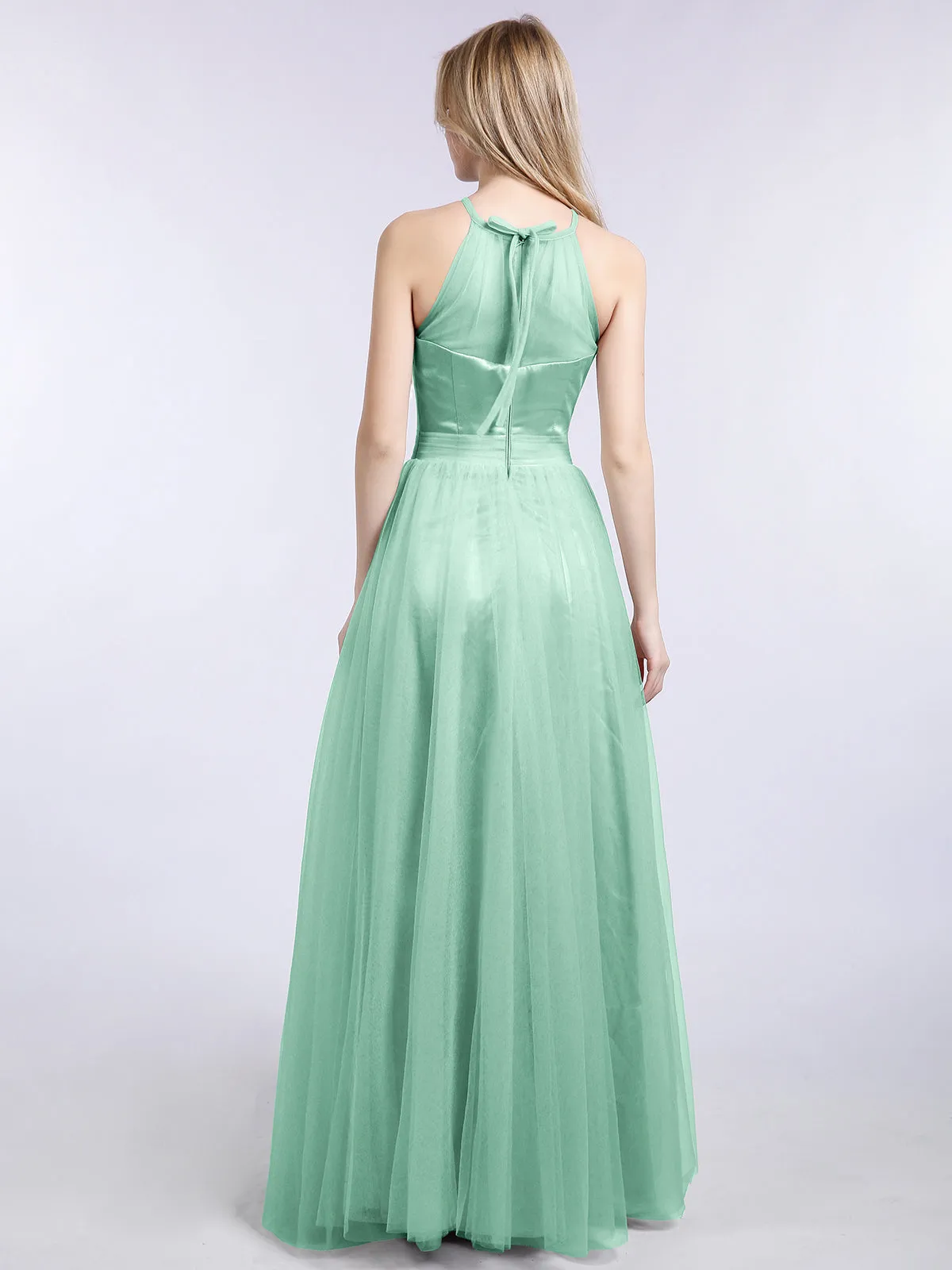 Illusion Neckline Long Tulle Dress-Mint Green Plus Size