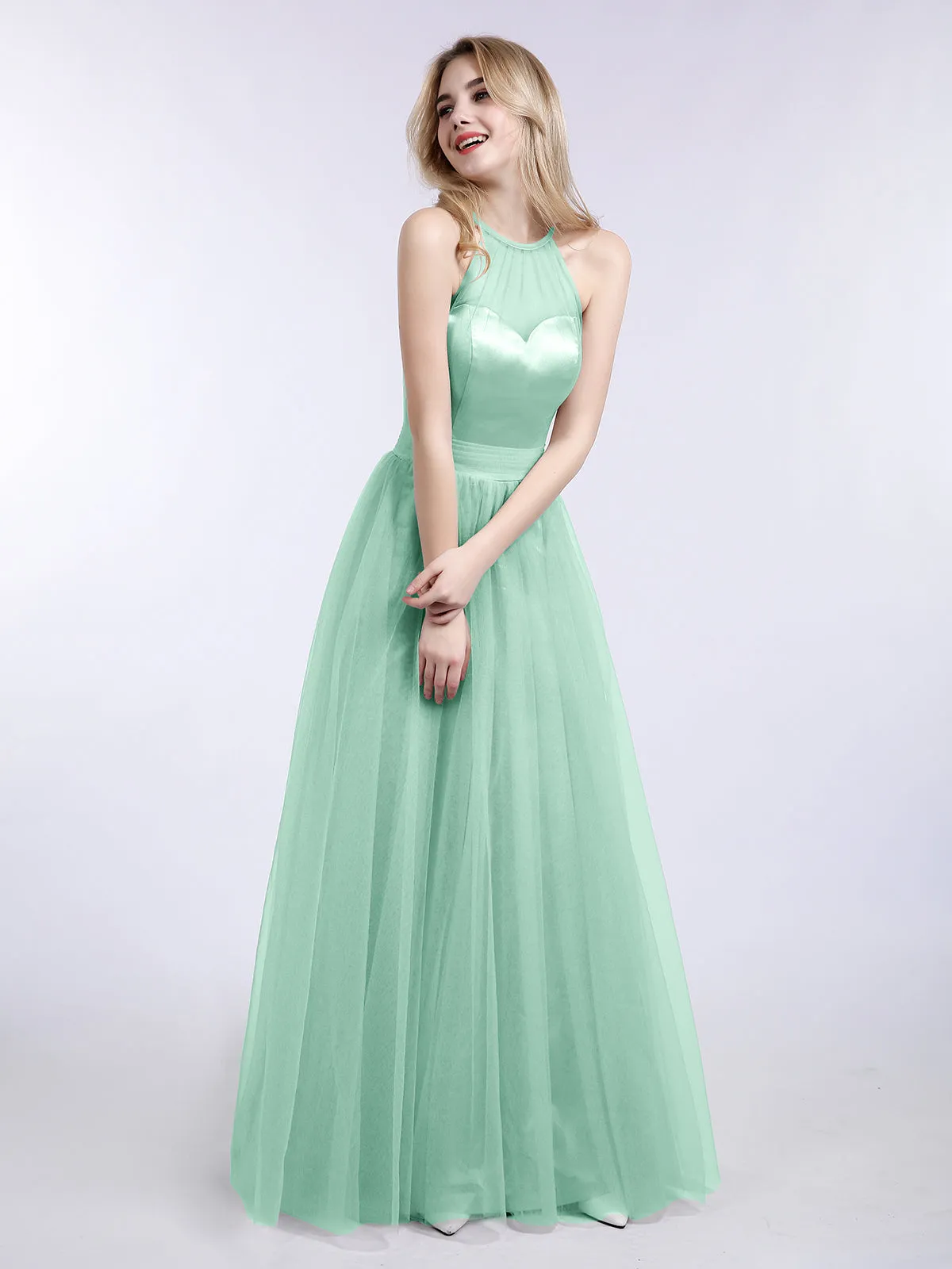 Illusion Neckline Long Tulle Dress-Mint Green Plus Size