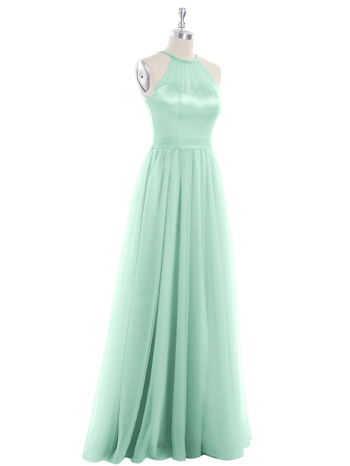 Illusion Neckline Long Tulle Dress-Mint Green Plus Size