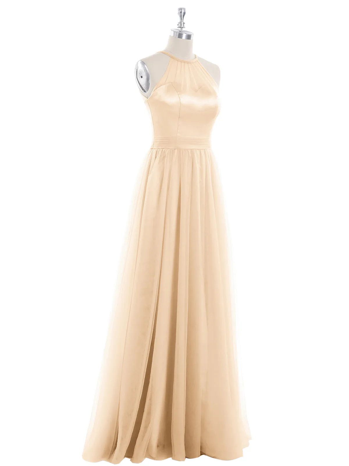 Illusion Neckline Long Tulle Dress-Peach