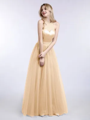 Illusion Neckline Long Tulle Dress-Peach