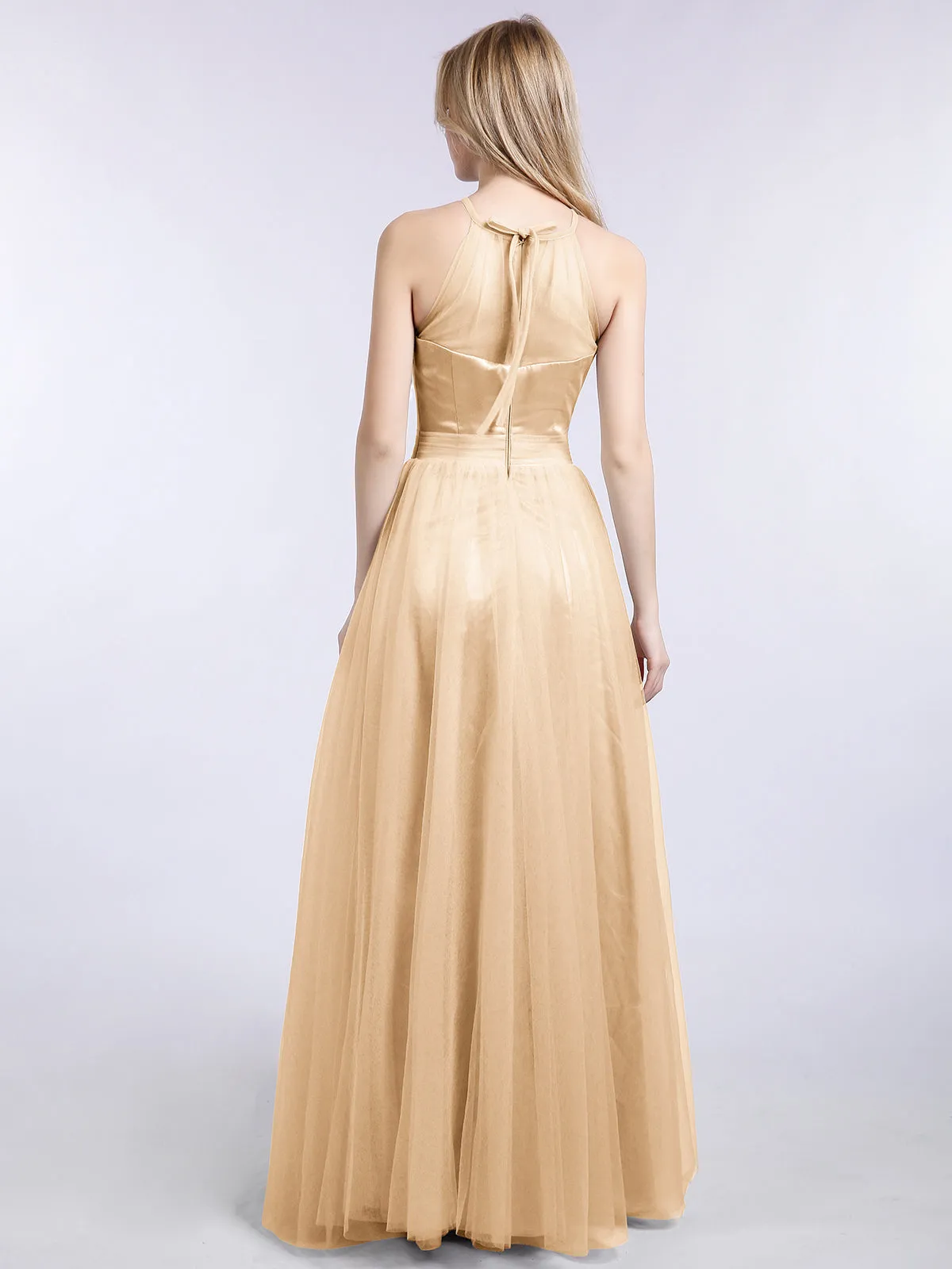 Illusion Neckline Long Tulle Dress-Peach