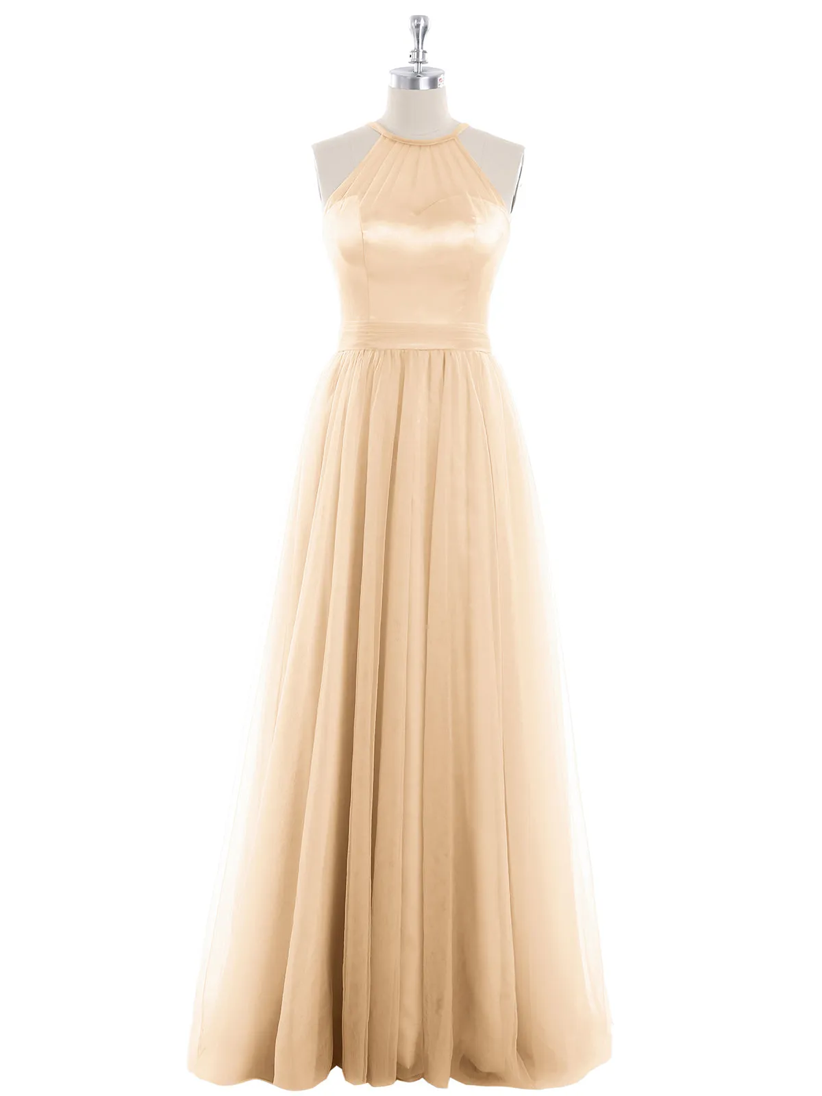 Illusion Neckline Long Tulle Dress-Peach