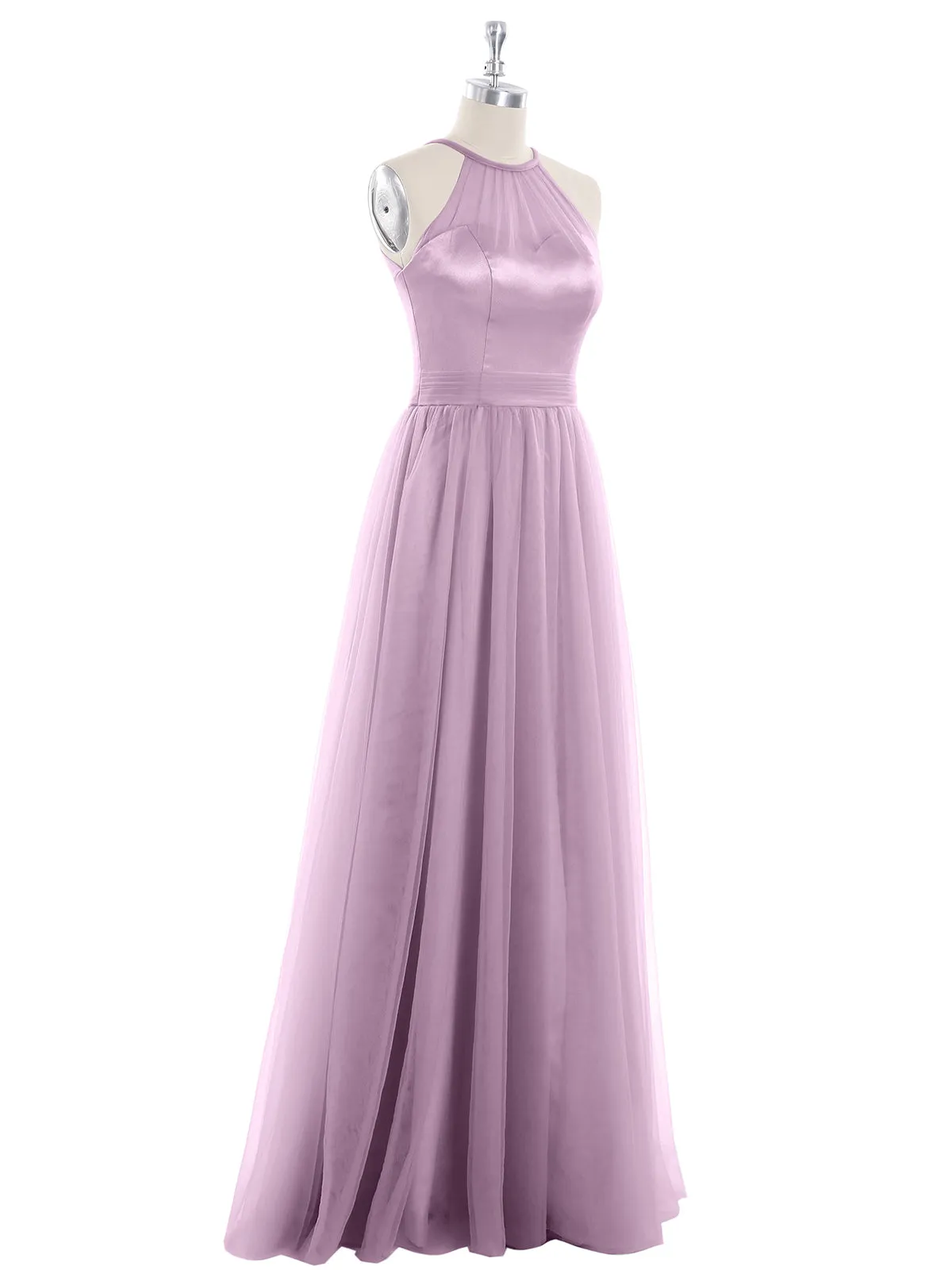 Illusion Neckline Long Tulle Dress-Plum