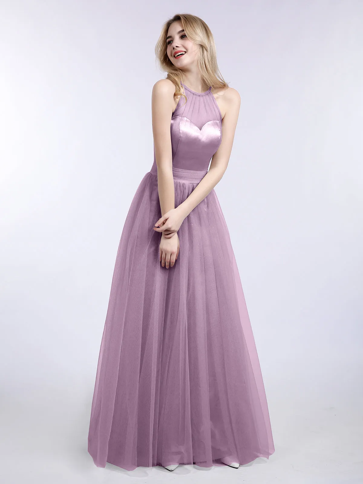 Illusion Neckline Long Tulle Dress-Plum