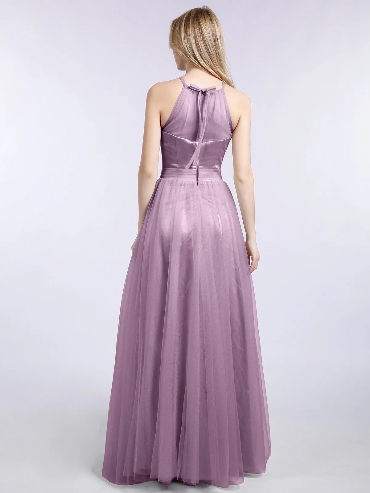 Illusion Neckline Long Tulle Dress-Plum