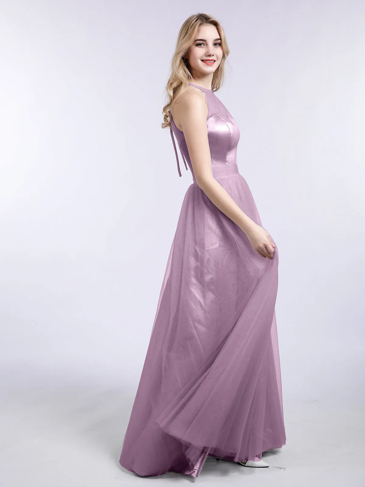 Illusion Neckline Long Tulle Dress-Plum