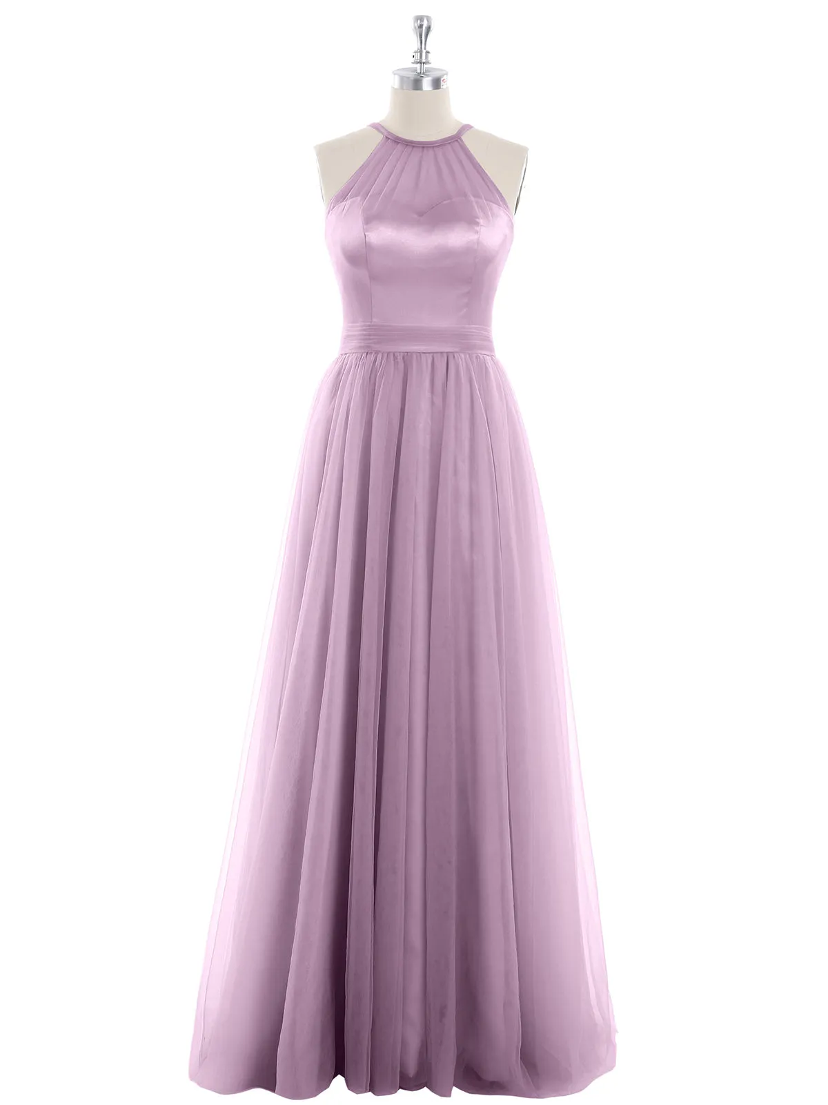 Illusion Neckline Long Tulle Dress-Plum