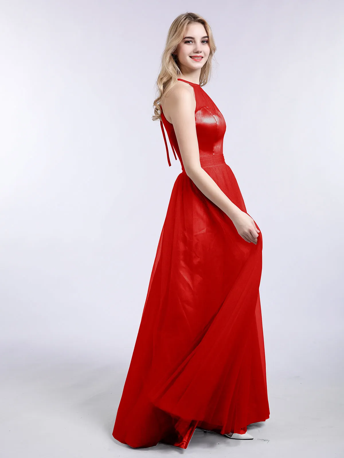 Illusion Neckline Long Tulle Dress-Red