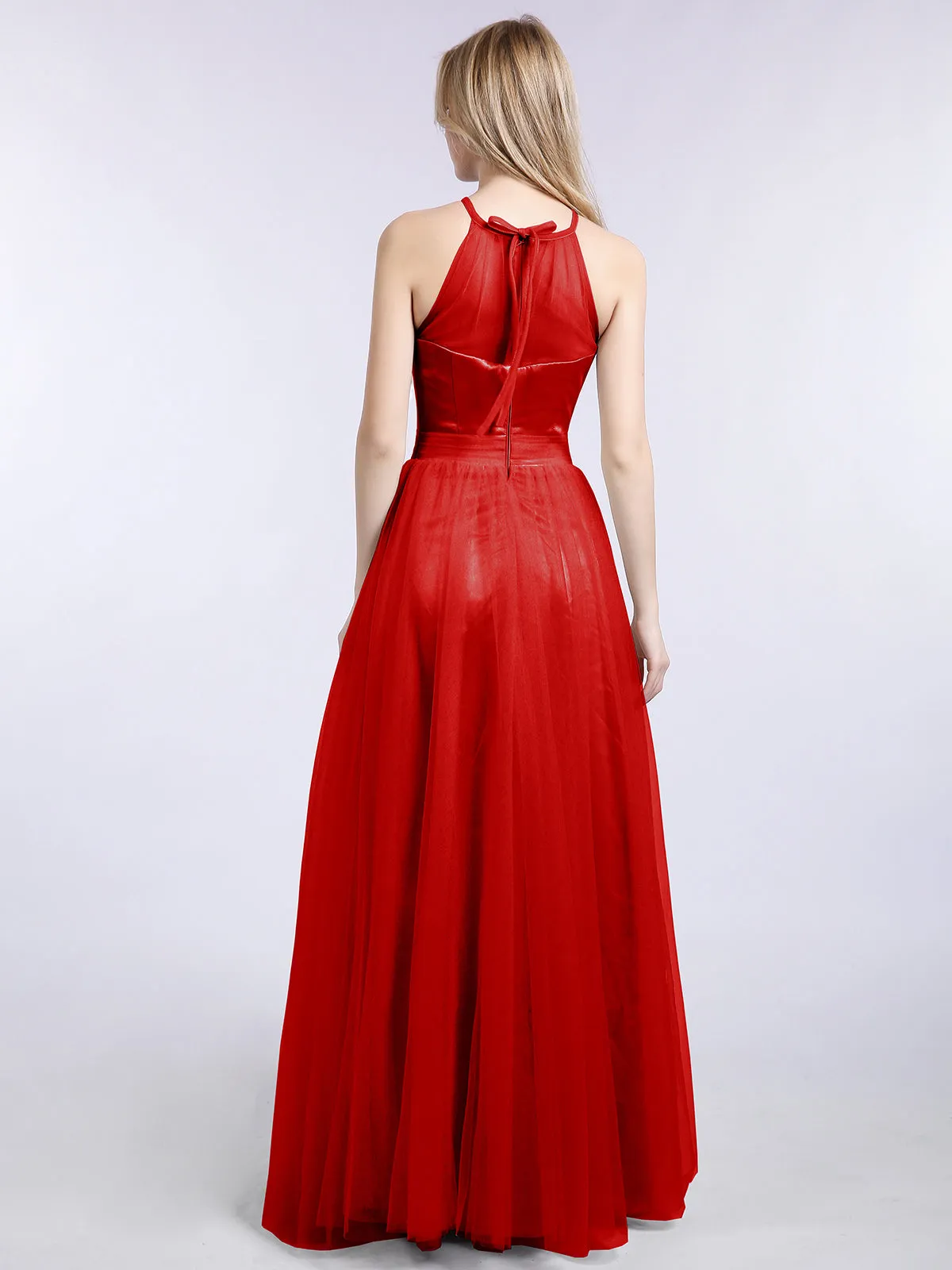 Illusion Neckline Long Tulle Dress-Red