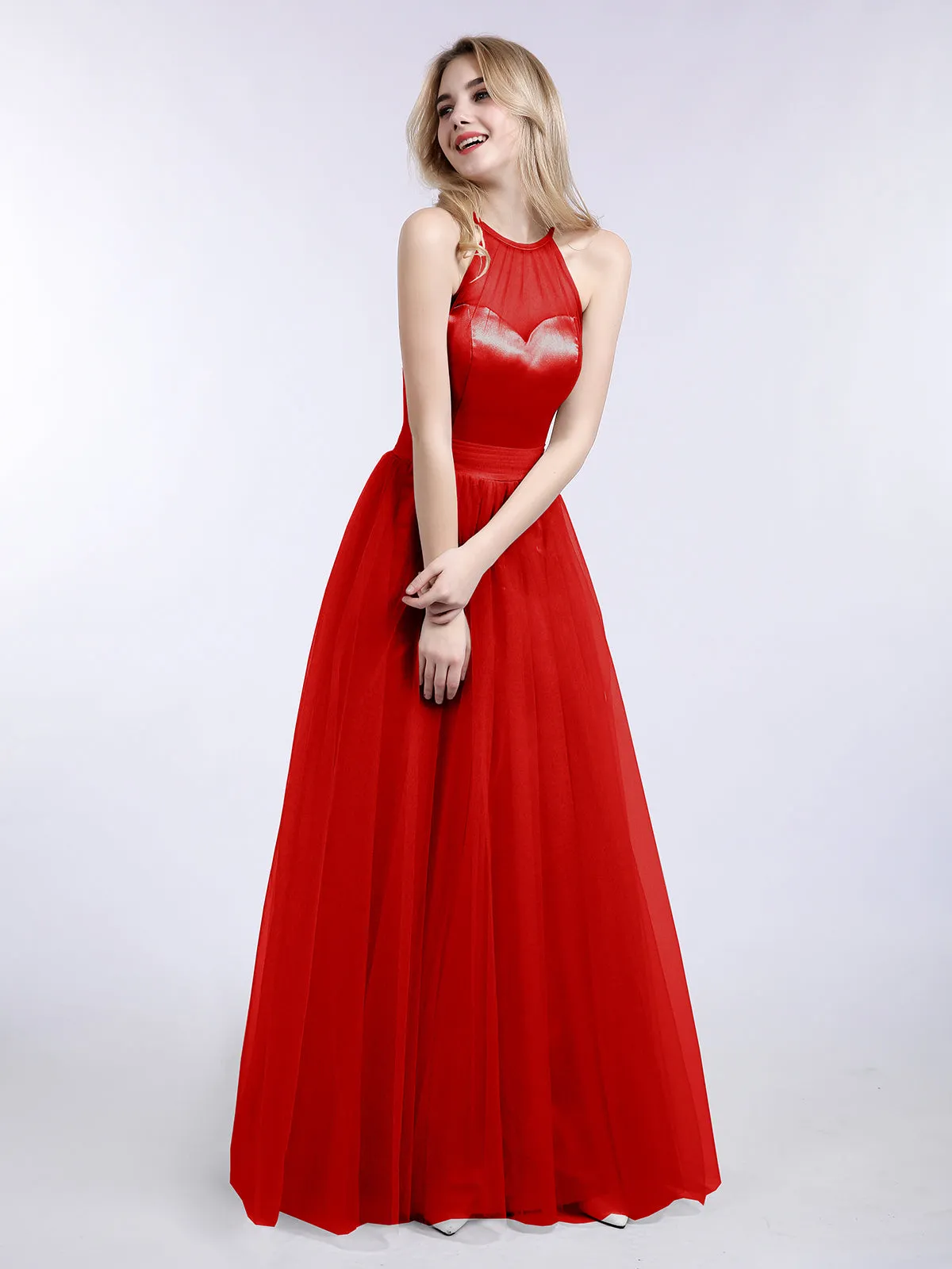 Illusion Neckline Long Tulle Dress-Red