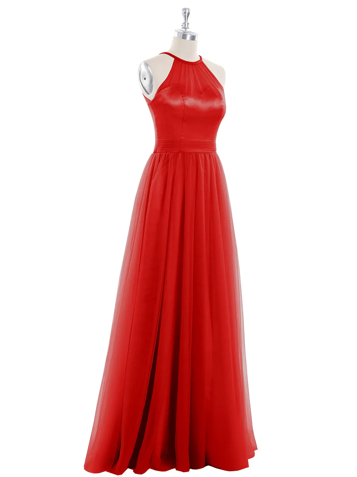 Illusion Neckline Long Tulle Dress-Red