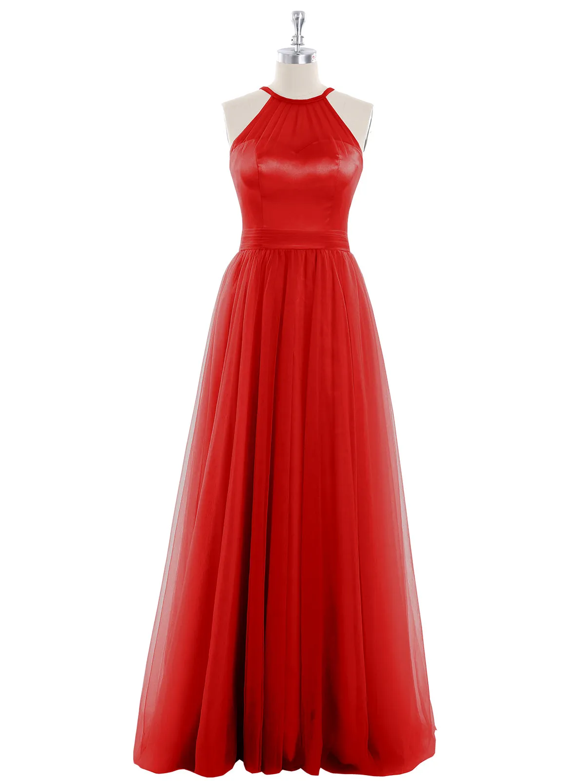 Illusion Neckline Long Tulle Dress-Red