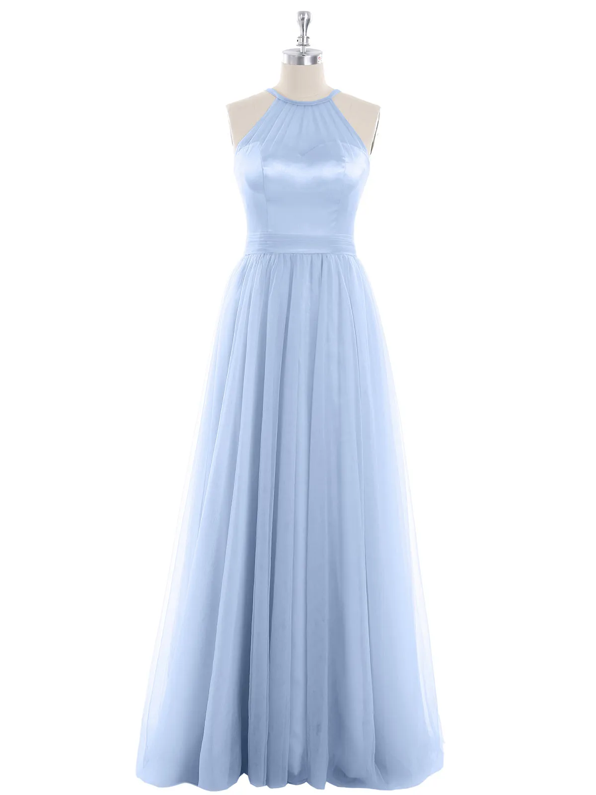 Illusion Neckline Long Tulle Dress-Sky Blue Plus Size