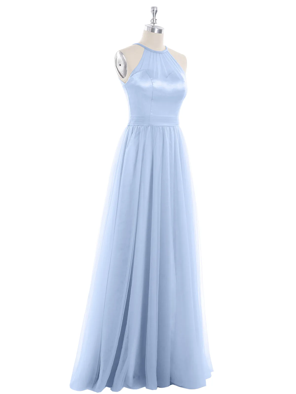 Illusion Neckline Long Tulle Dress-Sky Blue Plus Size