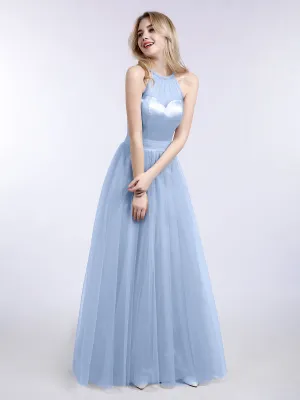 Illusion Neckline Long Tulle Dress-Sky Blue Plus Size