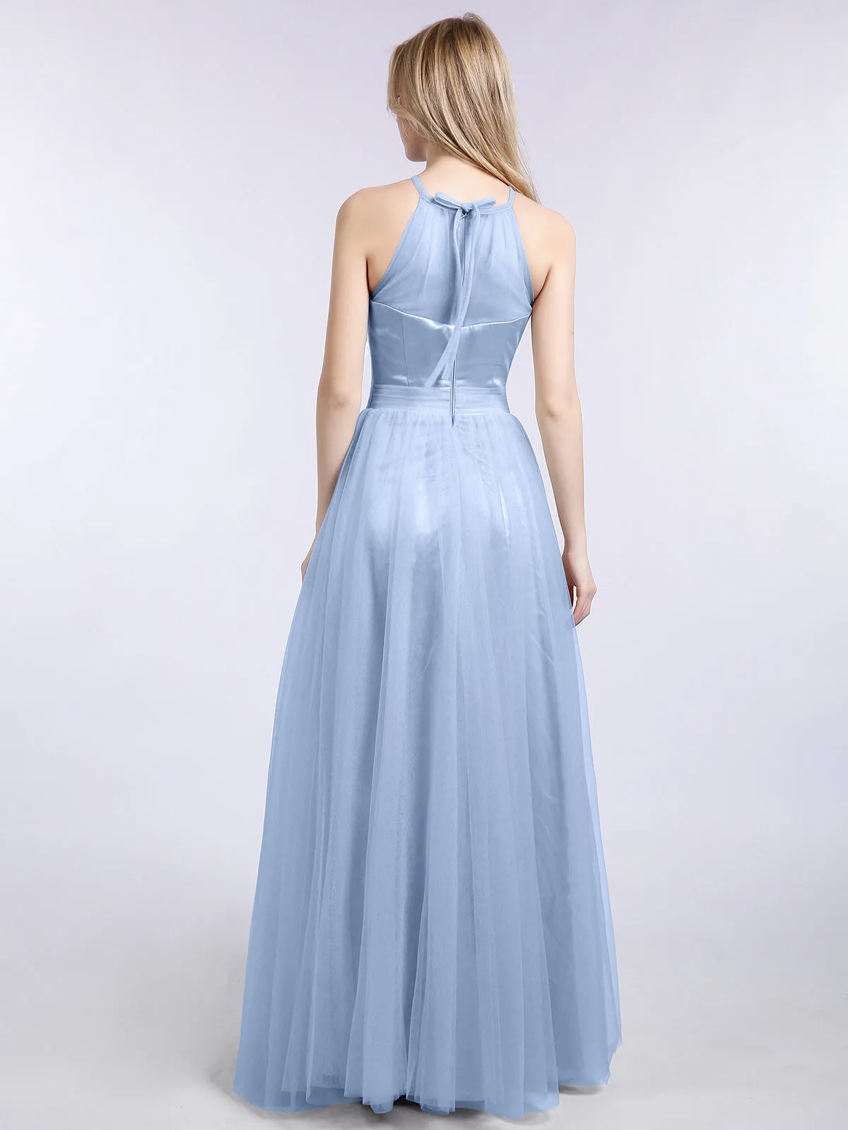 Illusion Neckline Long Tulle Dress-Sky Blue Plus Size