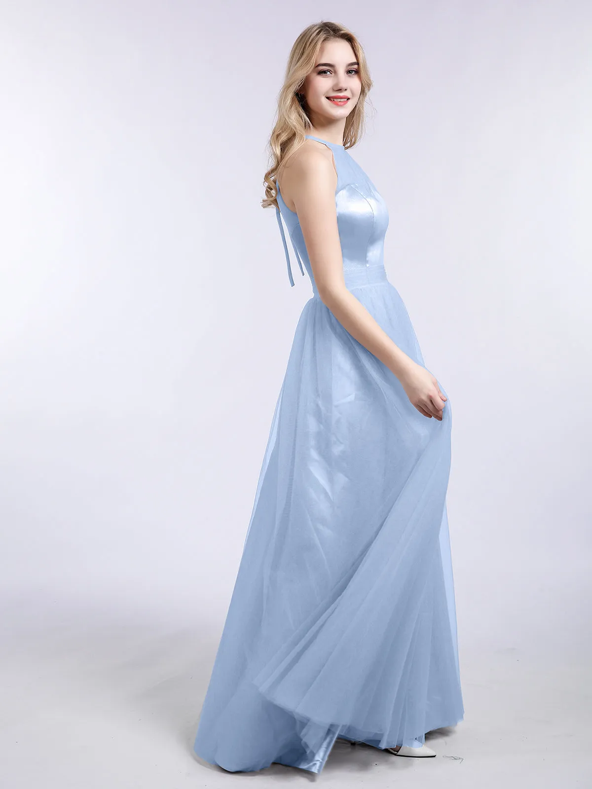 Illusion Neckline Long Tulle Dress-Sky Blue Plus Size