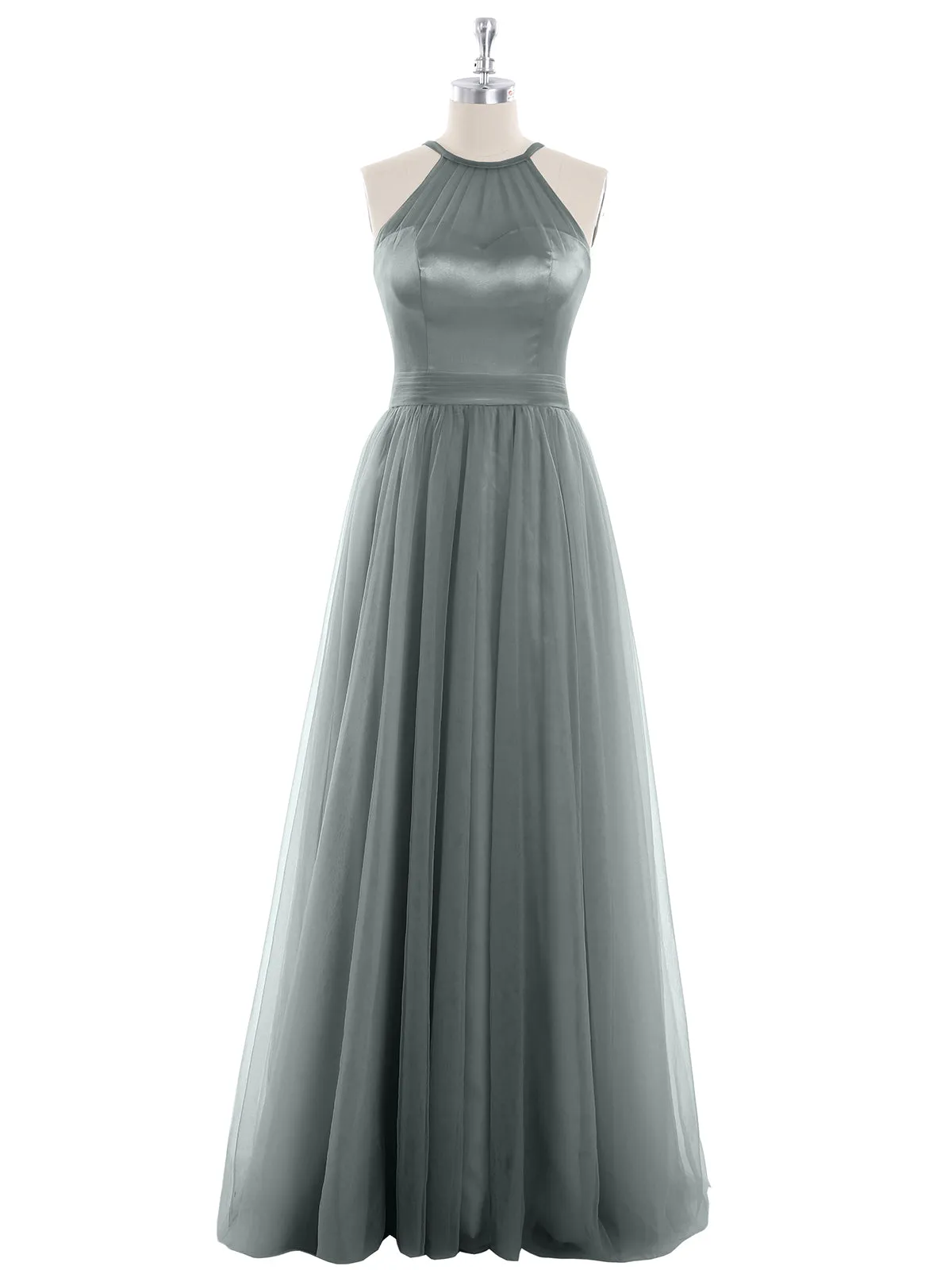 Illusion Neckline Long Tulle Dress-Steel Grey