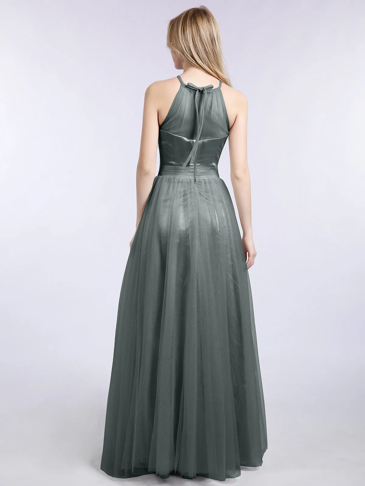 Illusion Neckline Long Tulle Dress-Steel Grey