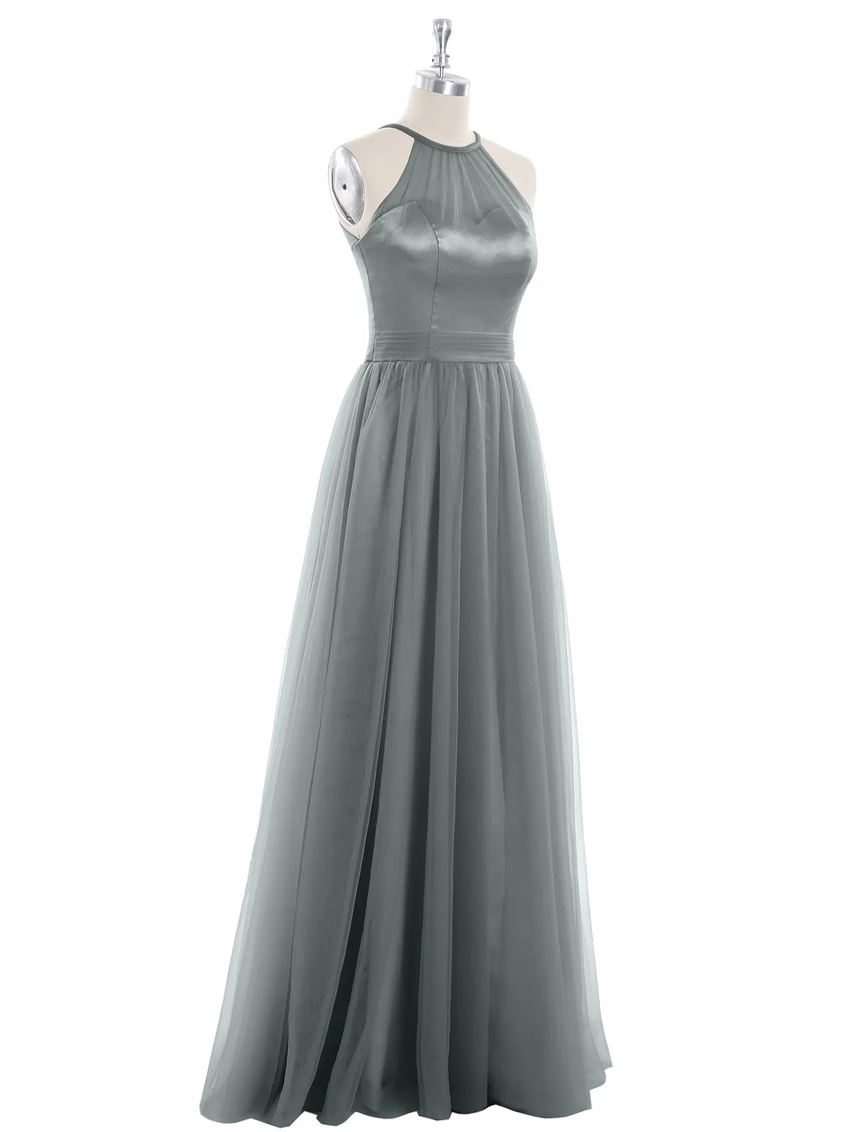 Illusion Neckline Long Tulle Dress-Steel Grey