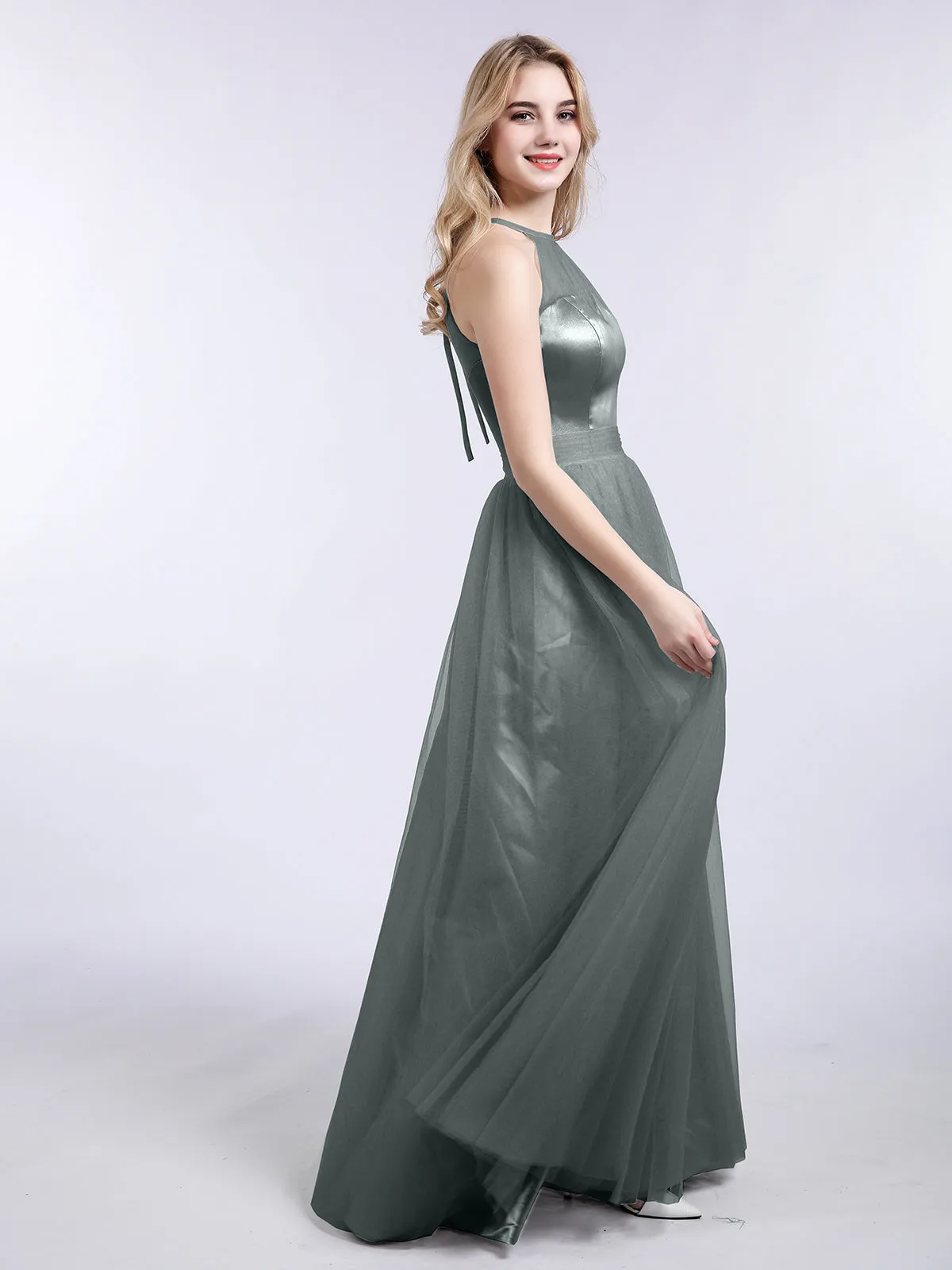 Illusion Neckline Long Tulle Dress-Steel Grey