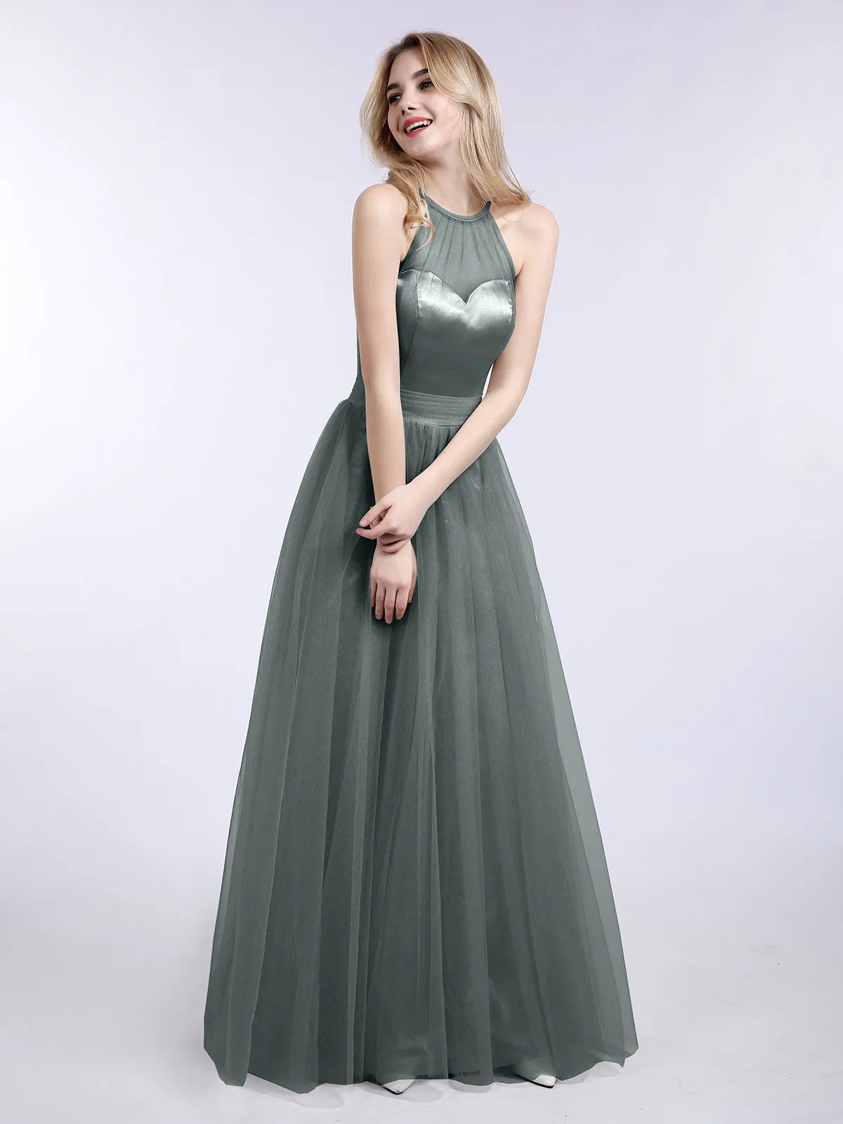 Illusion Neckline Long Tulle Dress-Steel Grey