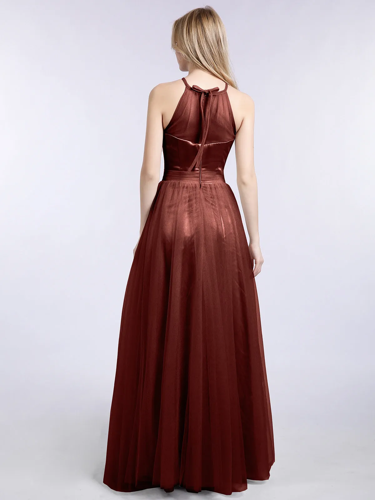 Illusion Neckline Long Tulle Dress-Terracotta