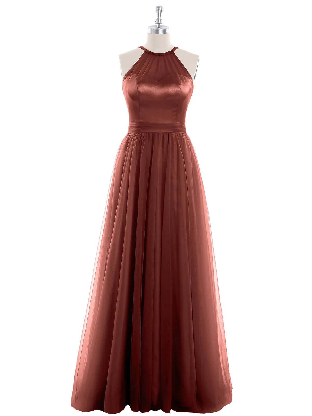 Illusion Neckline Long Tulle Dress-Terracotta