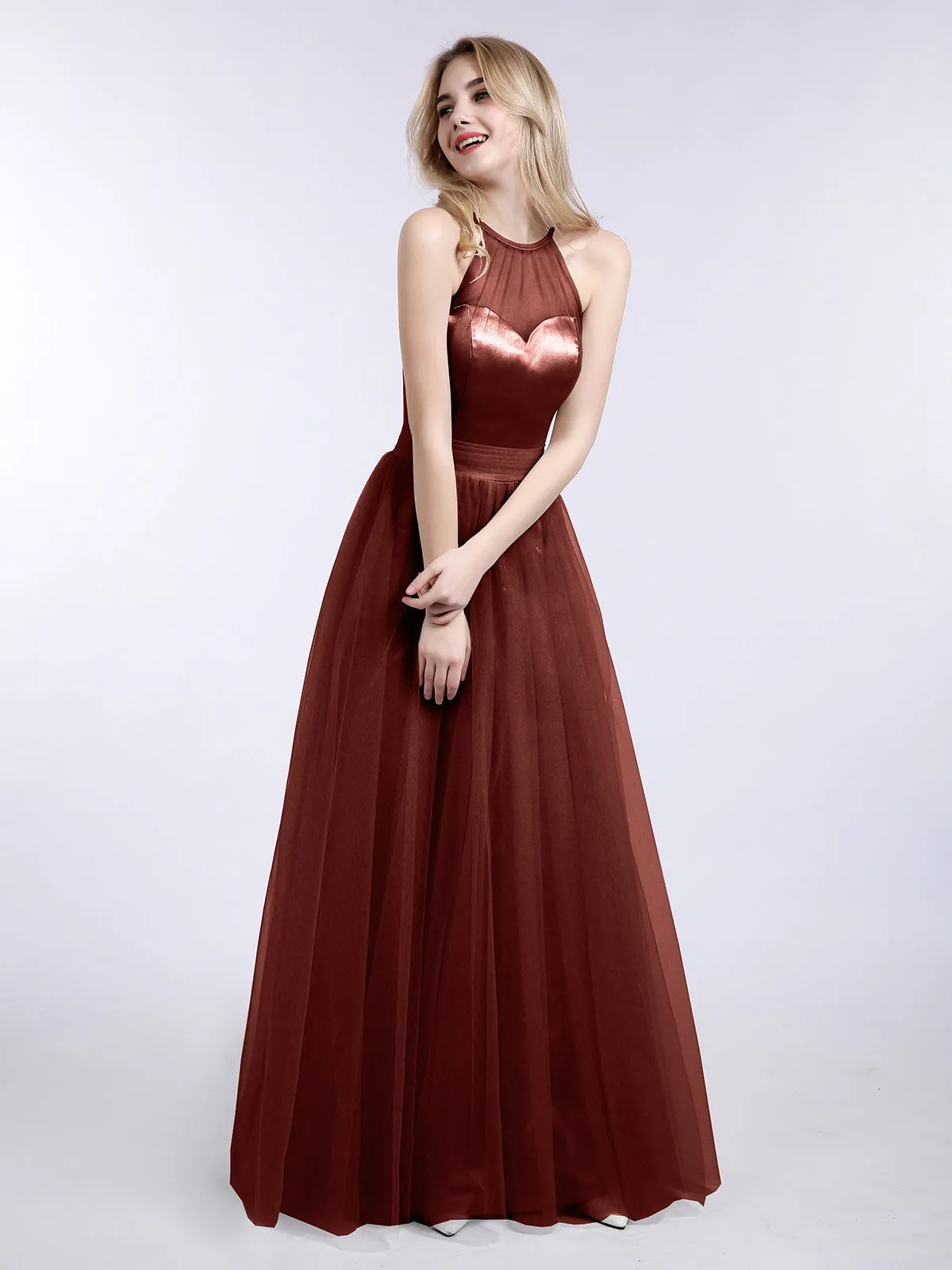 Illusion Neckline Long Tulle Dress-Terracotta