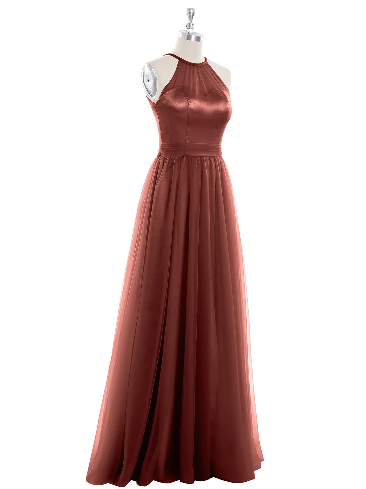 Illusion Neckline Long Tulle Dress-Terracotta