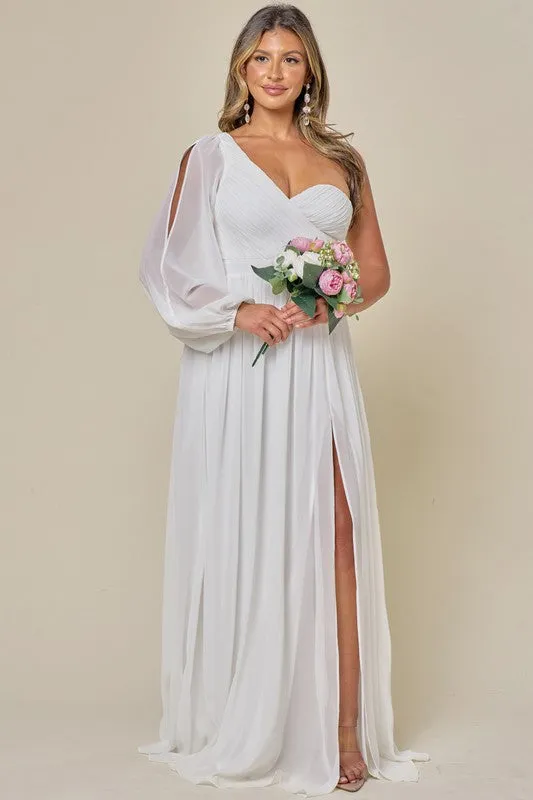 Ivory One Shoulder Chiffon Slit Maxi