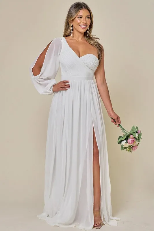 Ivory One Shoulder Chiffon Slit Maxi