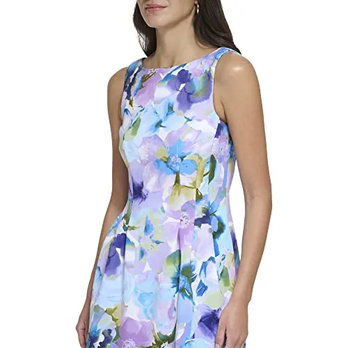 Jessica Howard Women's Printed Scuba Fit & Flare Casual Dress, Blue Multi, 20 Plus