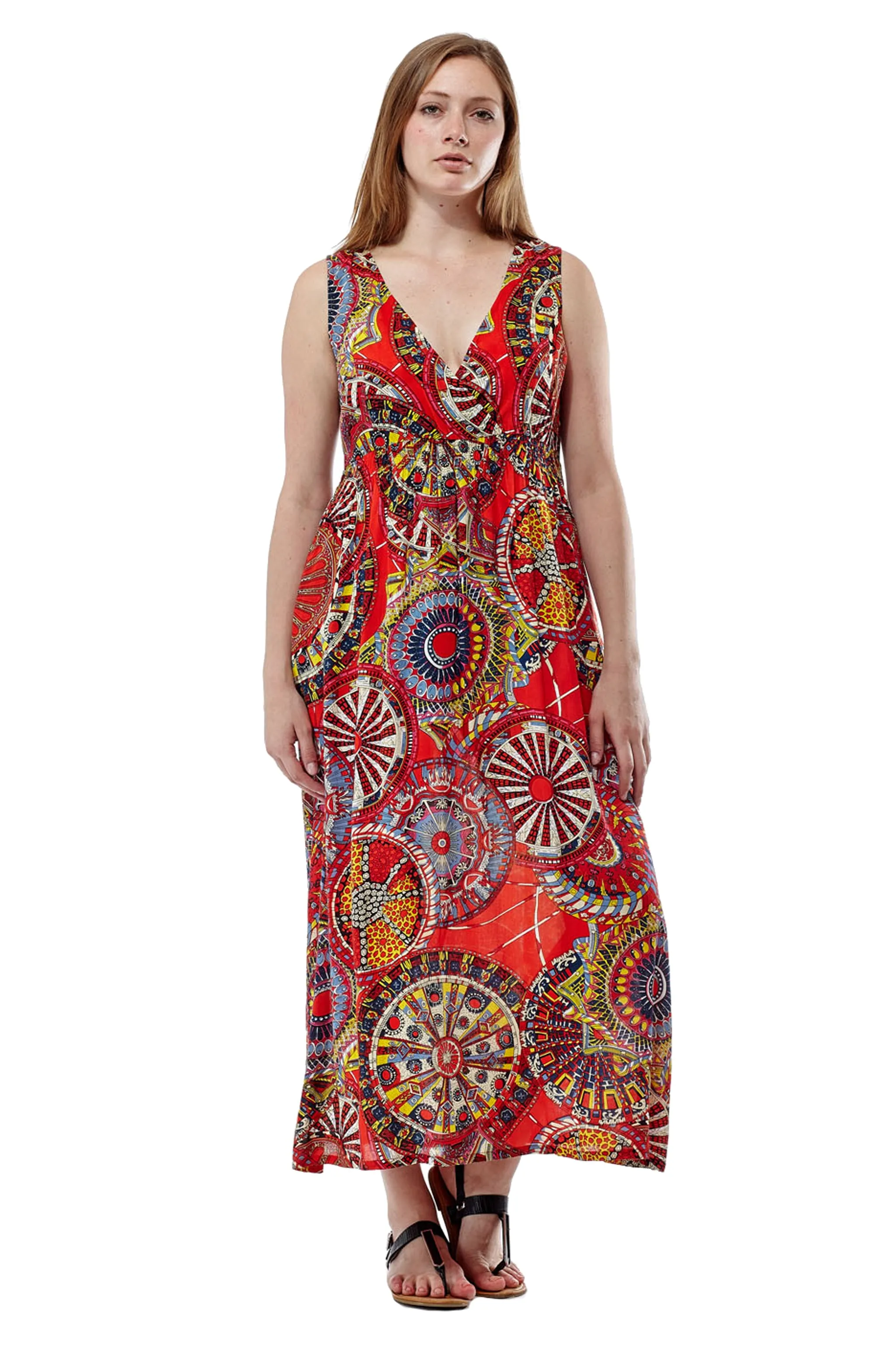 La Cera Red Sleeveless V-Neck Maxi Dress