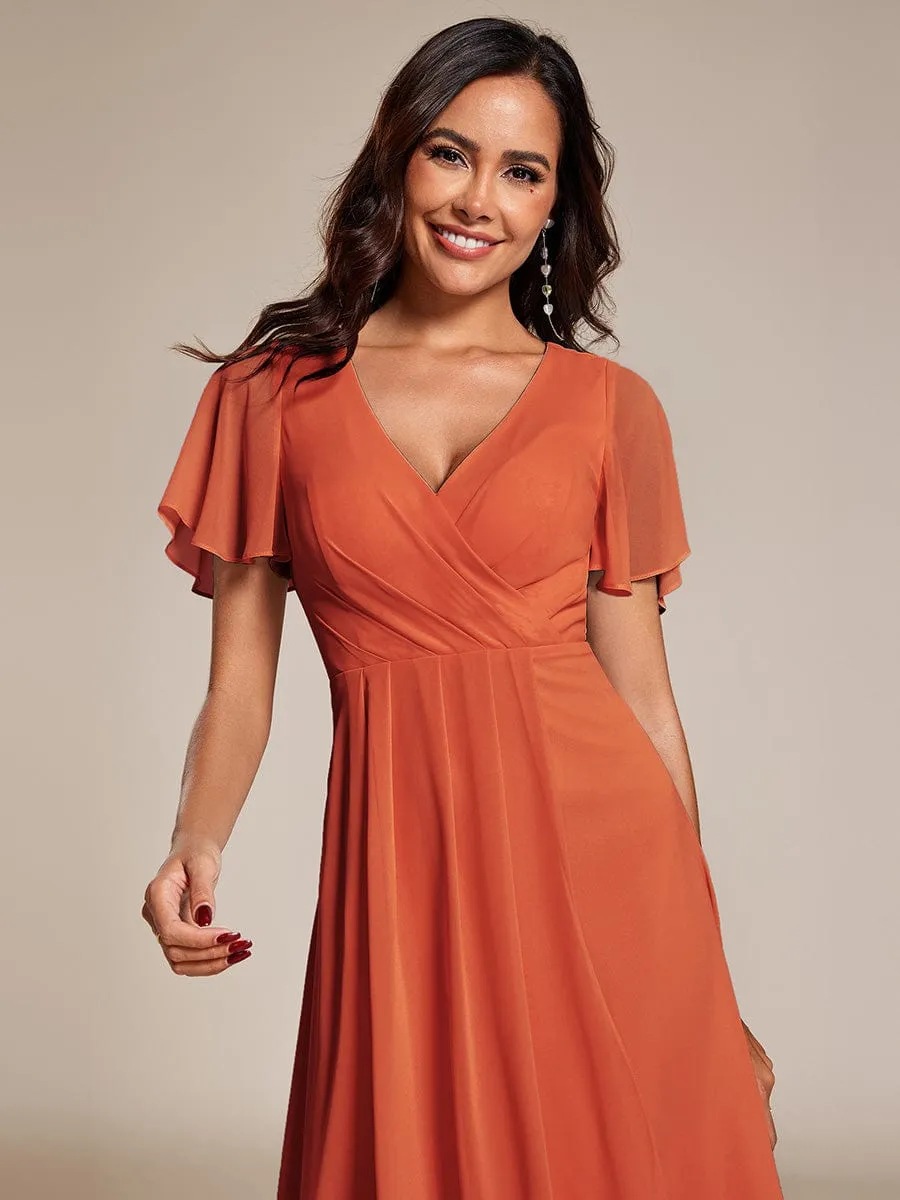 Lana | Pleated Chiffon Ruffles Sleeve Midi Bridesmaid Dress