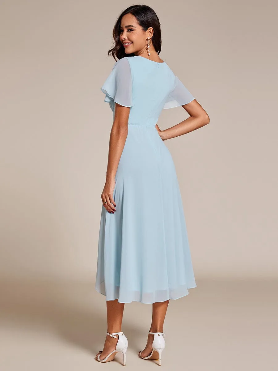 Lana | Pleated Chiffon Ruffles Sleeve Midi Bridesmaid Dress