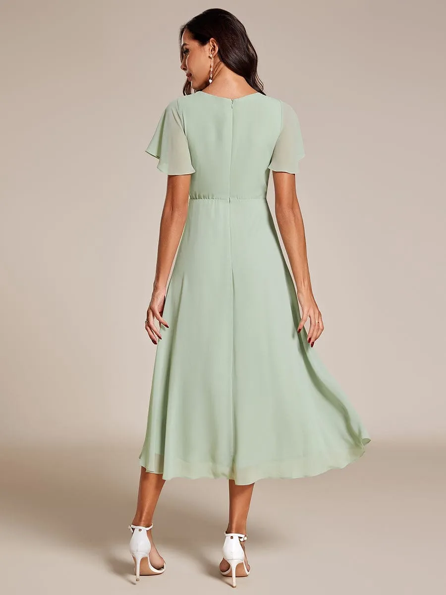 Lana | Pleated Chiffon Ruffles Sleeve Midi Bridesmaid Dress