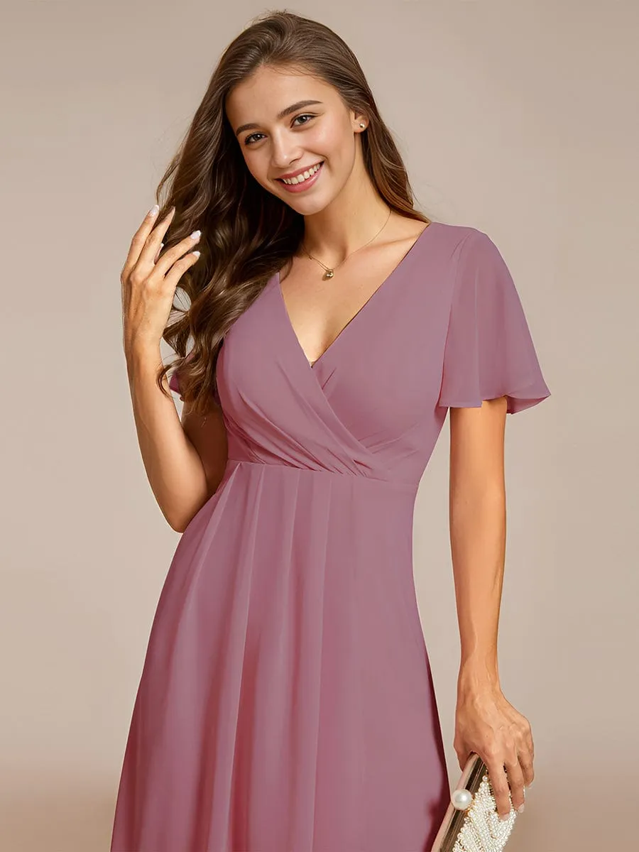 Lana | Pleated Chiffon Ruffles Sleeve Midi Bridesmaid Dress