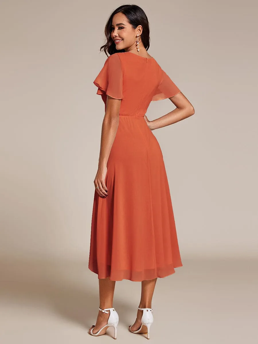 Lana | Pleated Chiffon Ruffles Sleeve Midi Bridesmaid Dress