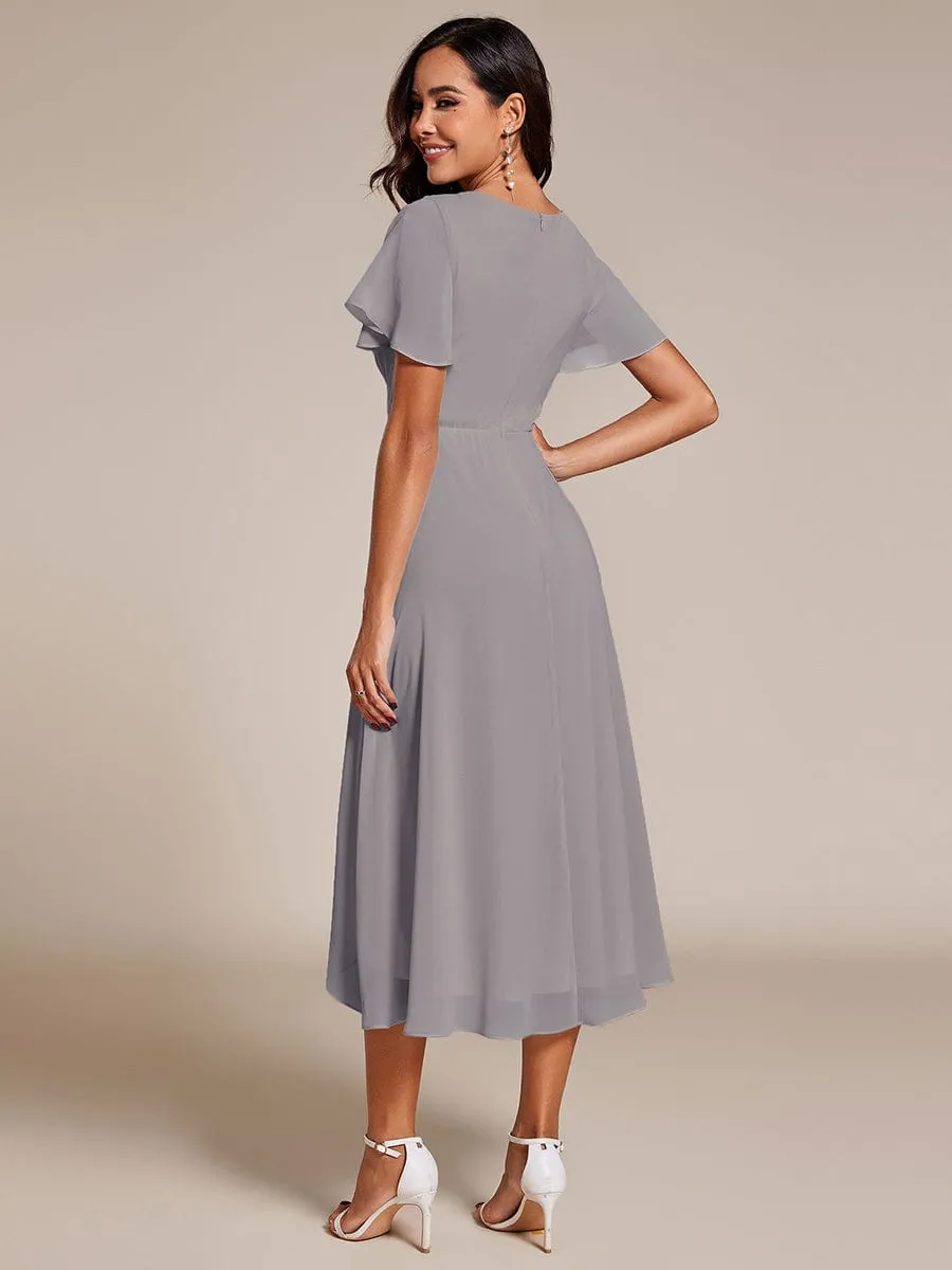 Lana | Pleated Chiffon Ruffles Sleeve Midi Bridesmaid Dress