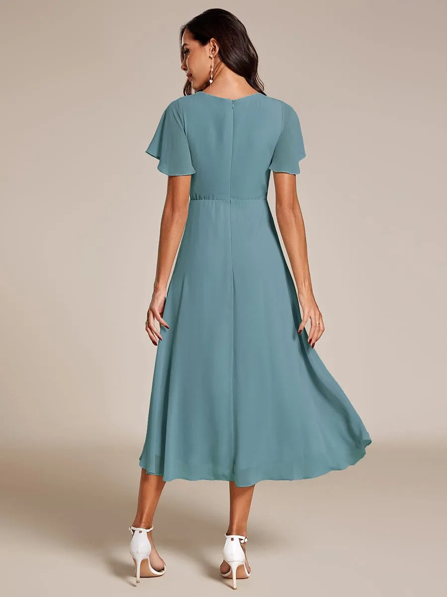 Lana | Pleated Chiffon Ruffles Sleeve Midi Bridesmaid Dress