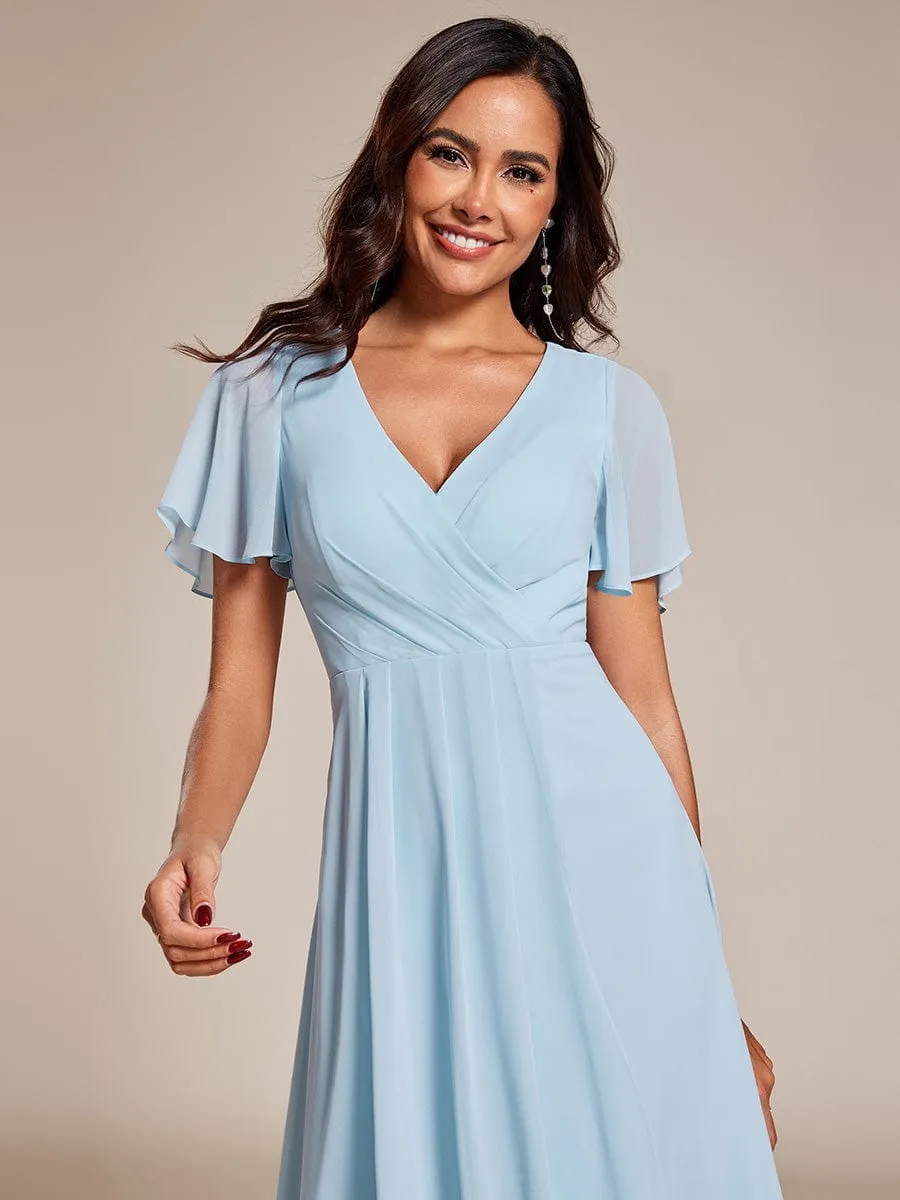 Lana | Pleated Chiffon Ruffles Sleeve Midi Bridesmaid Dress